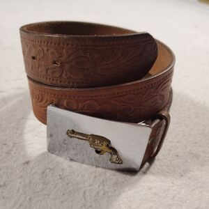 Vintage Tooled Western Belt Brown Floral Embossed Leather With Buckle Size 30